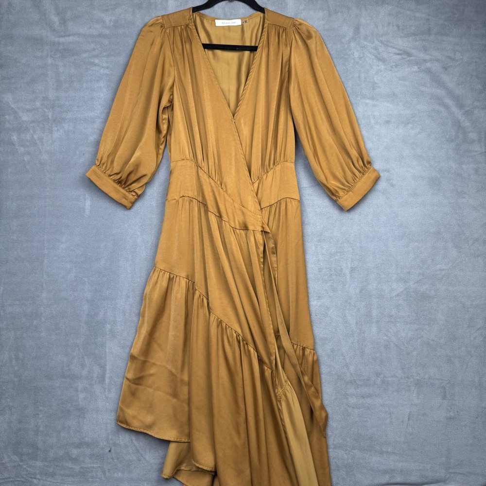 Mustard Seed Wrap Midi Dress Puff Sleeve Ruffle Ochre Gold Small